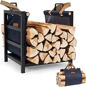 Firewood Rack Indoor Outdoor with Firewood Carrier, Fireplace Wood Log Holder Heavy Duty Metal, Indooor Firewood Holder for Fireplace Wood Storage, 16 inch, Navy
