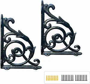 4 PCS 6.8 Inch Shelf Brackets with Hooks, Heavy Duty Floating Shelf Bracket, Cast Iron Shelving Brackets for DIY Wall Shelves, Rustic Shelf Bracket