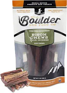 Boulder Dog Food Company Bison Chews, 4 Inches (7 oz) - Bully Sticks Made in USA, No Hide Chews, Grain Free Treats, Healthy Treats, Odor Free, Pizzle Sticks for Dogs
