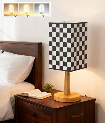 Bedside Table Lamp with 12W LED Bulb, Chess Board Fabric Shade (Racing Flag Black and White Pattern), 3 Color Modes - Suitable for Bedroom, Nightstand, Office, Living Room, Guest Room