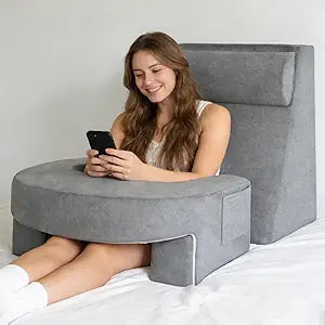 Reading Pillow Set for Adults 3-Piece - Ergonomic Back/Neck Support with Arms & Pockets - 26D High-Density Foam for Bed/Couch Reading Gaming Watching TV (Light Gray)