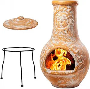 Wiosi Medium  Outdoor Fireplace for Patio Clay Chimineas with Chimney Rain Lids and Solid Metal Stands - Yellow Terracotta Chimenea - Rustic Wooden Fire Pit Chimnea 16 x 16 x 32-inch