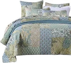 California King Quilt Set, 100% Cotton Oversized Bedspread(120 * 110 Inch), Reversible Bohemian Floral Patchwork, 3-Piece Lightweight Bedding Coverlet for All Season(1 Quilt + 2 Pillowcases)