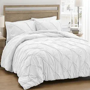 UNIKOME Queen Comforter Set White - Ultra Soft Boho Pintuck Down Alternative Bedding Set for All Seasons, 3 Pieces Warm Pinch Pleat Bed Set with Comforter, 2 Pillowcases