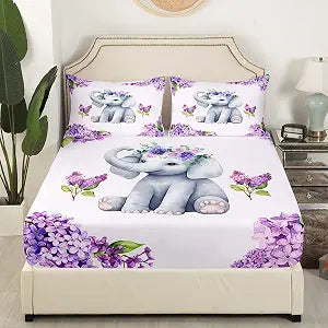 Cute Elephant Kids Fitted Sheet Twin Size,Purple Lavender Flowers Rustic Romantic Bedding Set,Girls Boys Adults Room Decor,Cartoon Wild Animals Bed Cover,Lovely Bed Sheet,1 Pillowcase