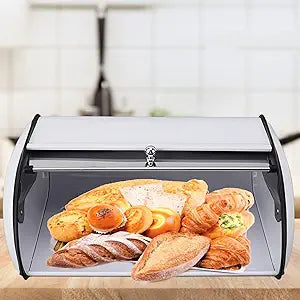 Breads Box, Iron Large Capacity Bread Storage Container Multifunctional Transparent Small Window Bread Bin for Home Kitchen (White)
