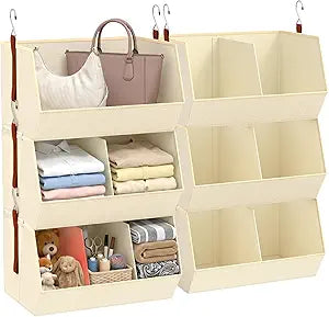 3-Tier Hanging Closet Organizer, Extra Large Fabric Closet Shelves with Zipper, Foldable Closet Storage Organizer for Clothes, Handbags, Socks, Underwear, Dorm Room and RV, Beige - 2 Pack