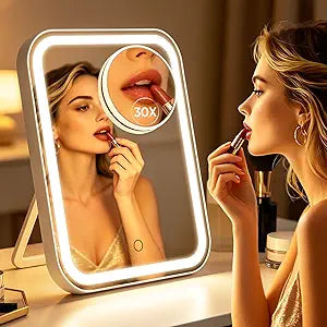 FUNTOUCH Large Makeup Vanity Mirror with Lights, 4500mAh Rechargeable Lighted Desk 12.1" x 10.2" Makeup Mirror with 96 LED Lights & 30x Magnifying Mirror, 3 Color Lighting for Bedroom (White)