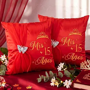 2 Pcs Cojines para 15 Aos De Quinceaera Quinceanera Embroidered Pillow Cover Set Cojines para 15 Aos De Quinceaera Decorations Mis Gifts (Red,Cute)