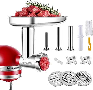 FavorKit Stainless Steel Food Grinder Attachment for KitchenAid Mixers, Dishwasher Safe Meat Processor Aceesory Included 3 Sausage Stuffer Tubes