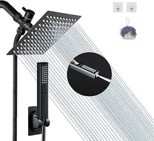 6'' Square High Pressure Rain Black Shower Heads with Handheld Spray Combo. Equipped with 78" Leakproof Hose, 3 Way Diverter Valve, Adhesive Shower Head Holder, Double Shower Head Set, AWAXFOLO
