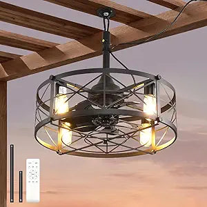 AHAWILL Outdoor Ceiling Fan with Light,20" Gazebo Fan Remote Control,Outdoor Hanging Fan,6 Speeds and Timing,Plug in Caged Ceiling Fan for Patio,Farmhouse,Porch,Pergola.Black