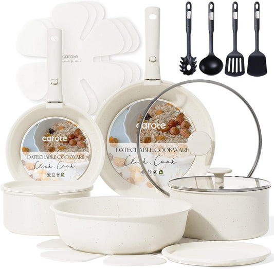CAROTE 19pcs Pots and Pans Set, Nonstick Cookware Set Detachable Handle, Induction Kitchen Cookware Sets Non Stick with Removable Handle, RV Cookware Set, Oven Safe