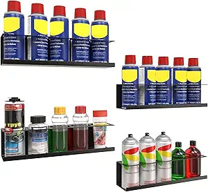 Riciakik 4 Pack Wall-Mounted Spray Bottle Holder, Aerosol Spray Can Holder Storage Rack, Heavy-Duty Paint Bottle Organizer With 20 Holes, Steel Black Spray Rack for Garage, Shop, Home or Tool Trailer