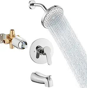 Aolemi Tub Shower Faucet Set With Valve Wall Mount Shower Trim Kit 6 Inch Bathtub Fixtures Rough-in Valve Single-Spray Shower Head System 5.3 Inch Tub Spout Polish Chrome Modern
