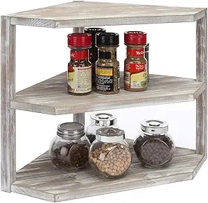 MyGift 3 Tier Counter Corner Shelf for Kitchen, Countertop Spice Rack, Dish Plate & Bread & Fruit Storage Organizer Condiment Shelf, Rustic Brown Washed Solid Wood