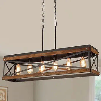 Rustic Farmhouse Wood Kitchen Island Lighting, 6 Lights Rectangular Pendant Light Fixture, Adjustable Chain Oak Wood and Metal Linear Chandelier for Dining Room Kitchen Island Farmhouse, Black
