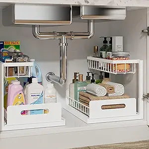 REALINN Under Sink Organizer, Pull Out Cabinet Organizer, 2 Tier Metal Slide Out Shelf with L Shaped Design for Kitchen, Bathroom, Laundry, and Utility Cabinet Storage for Deep Cabinets, White, 2 Pack