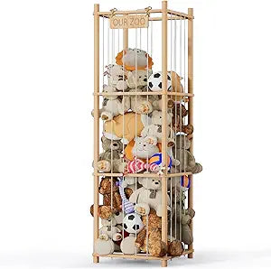 Stuffed Animal Storage Organizer, Wood Animals Zoo Toy Plushies Storage Holder, Large Capacity Plush Toy Cage for Playroom Organization, 15.7" Wide, Natural
