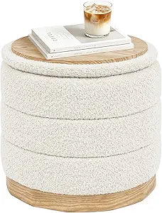 B FSOBEIIALEO Round Storage Ottoman with Tray, Folding Ottoman with Storage Coffee Table Foot Rest for Dorm Room Living Room Chenille Fabric,Wood-Grain Leather Base,White,15.35"x15.35"x14.57"