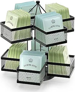 Tea Bag Organizer, Tea Bag Storage Holder Spinning Carousel 96 Teabags Container, Lazy Susan Coffee Creamer Sweetener Tea Caddy for Kitchen Counter Cabinet Pantry Shelf Organizer