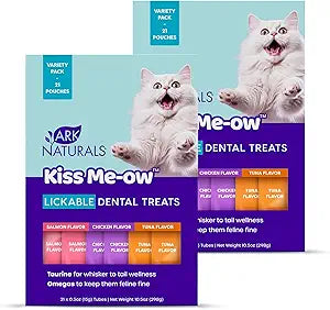 Ark Naturals Kiss Me-Ow Lickable Cat Dental Treats Variety Pack - Promotes Hydration, Dental & Overall Health - Chicken, Tuna & Salmon Flavors (2pk)