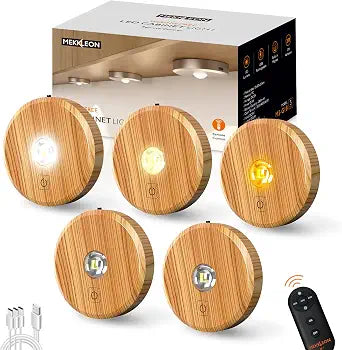 Puck Lights with Remote Control,Under Cabinet Lighting,Wood,5PCS