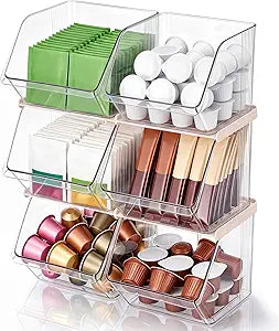 6 Pcs Clear Plastic Storage Bins Stackable Pantry Storage Organizer Kitchen Cabinet Organizers Ideal Containers for Tea Sugar Bag Coffee Pod Office Fridge Caddy