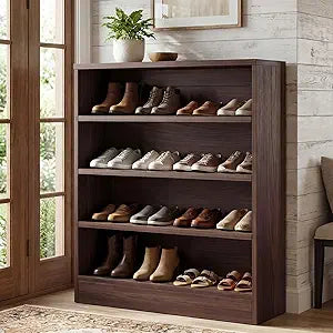 Homieasy Shoe Cabinet, 5-Tier Modern Wood Shoe Storage Organizer with 3 Adjustable Shelves for Entryway, Multi-Purpose Display Shelf & Storage Cabinet for Living Room, Bedroom, Dark Walnut