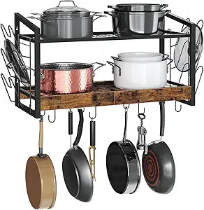 CHOEZON Hanging Pot Rack, Pot Rack Wall Mounted, 2-Tier Kitchen Pot and Lid Organizer, Wall-Mounted Pot Rack with 12 Hooks, for Kitchen Storage of Pots, Pans, Utensils, Rustic Brown TPR02BF