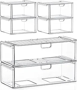 caktraie Acrylic Stackable Storage Drawers Set of 6, Clear Plastic Storage Drawer Organzier, Storage Organizer, Makeup Organizer,Ideal for Vanity, Bathroom,Cabinet,Pantry Organization
