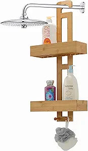 Basicwise Bamboo Shower Hanging Caddy 2-Tier Shelf Organizer with Hook for Shampoo Conditioner Body Wash Soap Loofah & Accessories Natural Wood Rack for Bathroom Storage Organization & Spa Dcor