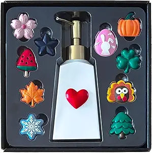 Seasonal Soap Dispenser with 11 Interchangeable Magnets - Seasonal Decor - Farmhouse Bathroom Kitchen Decor (Resin,Built in Magnet) - 8.82oz (Gold)