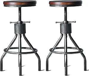LOKKHAN Set 2 Industrial Bar Stool-Vintage Adjustable Round Wood Metal Swivel Stools-23-30 Inch Tall Counter Bar Height Farmhouse Kitchen Stools (Walnut Color)
