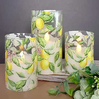 Lemon Glass Flameless Candles with Remote Timer Battery Operated LED Flicker Real Wax Pillar Candles Spring Summer Lemonade Party Kitchen Table Dinner Christmas Holiday Decor D3 x H4, 5", 6"