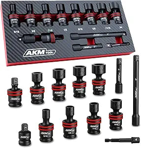3/8" Drive Universal Impact Socket Set, 13 Piece Swivel Socket Set, Universal Joint Wobble Socket 6-Point, SAE, 5/16"-11/16", Cr-Mo, with Extension Bars, Socket Adapter, Drill Bit Adapter