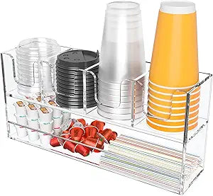 Beego 5-Compartment Cup Holder for Countertop - 2-Tier Clear Acrylic Cup Dispenser Coffee Station Paper Cup and Lid Organizer Condiment Storage for Restaurant Breakroom Kitchen Bar Accessories