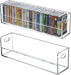 MyGift Modern Premium Clear Acrylic Compact Cassettes Holder with Cutout Carrying Handles, Retro Audio Cassette Media Deck Tapes Storage Crate Display Rack