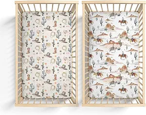 2 Pack Western Cactus Horses Hats Mountains Pattern Baby Sheets for Crib, Unisex Western Nursery Fitted Bed Sheet for Boys Girls Standard Crib and Toddler Mattress-28x52