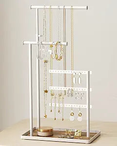 susswiff Jewelry Holder Organizer Stand - Adjustable Tall 17.5" (Max), Sturdy Jewelry Hanger for Necklaces, Earrings, Bracelets, Rings, Jewlery Display and Storage, White, Metal