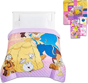 Disney Beauty and The Beast Bedspread Twin Set for Kids - Bundle with Princess Belle Quilted Bedspread for Twin Bed Plus Stickers, More | Beauty and The Beast Bedding Set for Girls