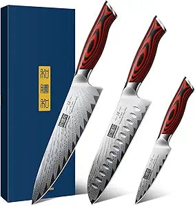HOSHANHO 3 Pieces Damascus Kitchen Knife Set Ultra-Sharp Knives Set, Professional Chef Knife Set With G10 Ergonomic Handle,Gift Box