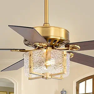 52 Inch Rustic Farmhouse Ceiling Fan with Light & Remote, Ultra Quiet DC Motor, Reversible 5-Blade Design Antique Ceiling Fan Light Dual Downrod for Low/High Ceilings - Modern Black Gold