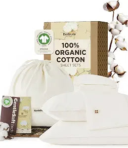 Bedsure 100% GOTS Certified Organic Cotton Sheets, Queen Sheet Set, 17" Deep Pocket Bedsheets with Corner Straps, Eco-Friendly, Soft, Breathable & Luxury PureWoven Cotton Hotel Bedding, 4PCS, Ivory