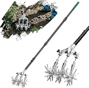 Altdorff Rotary Cultivator Garden Tool for Gardening and Lawn(61''), Rotary Hand Tiller with Detachable Thicker Tines&Sturdy Steel Handle, Manual Tiller Cultivator for Soil or Reseeding Grass
