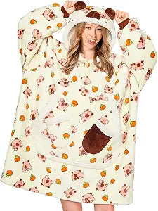 OLAOLA Capybara Wearable Blanket Hoodie for Adult, Oversized Animal Hooded Blanket with Pockets & Sleeves, Soft Sherpa Capybara Print Sweatshirt Comfy for Birthday Gifts