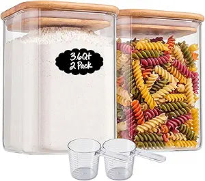 2-Pack 3.4Qt Large Glass Flour Sugar Storage Containers with Bamboo Lids, Wide-Mouth Food Jars with Measuring Cups for Baking, Aesthetic Glass Storage Pantry Jars for Sugar, Flour, Rice, Oats