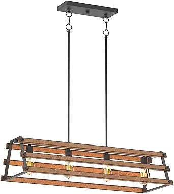 Inlight 34" Wide Farmhouse 4-Light Kitchen Island Pendant Light, Textured Black and Faux Painted Wood Finish, Rustic and Industrial Design Linear Chandelier for Dining Room, IN-0335-4-WD