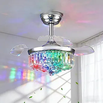 30" Retractable Crystal Ceiling Fan with Light, RGB Modern Fandelier 6 Speeds Reversible Blades Dimmable Remote App Control Memory Timer Silver