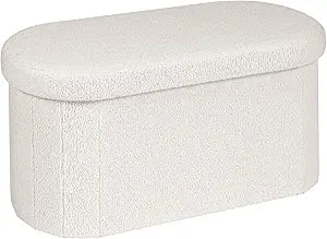 B FSOBEIIALEO Ottoman with Storage for Living Room, Sherpa Folding Storage Ottoman Foot Rest, 30 Inches Collapsible Bedroom Bench White Cream